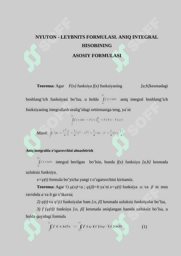 ANIQ INTEGRAL,UNING GEOMETRIK MA'NOSI XOSSALARI.NYUTON LEYBNITS FORMULASI.ANIQ INTEGRALNI HISOBLASH USULLARI.ANIQ TADBIQLAR 6