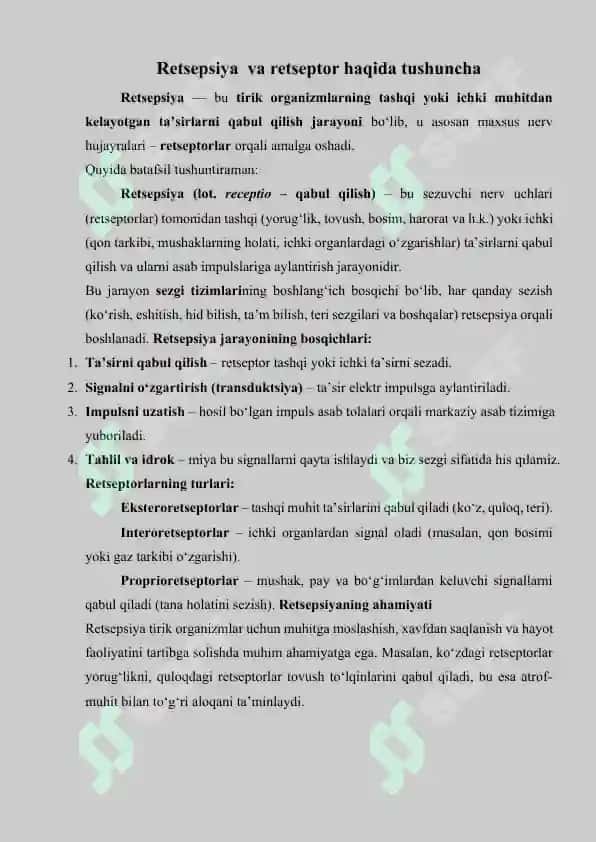 RETSEPSIYA RETSEPTOR HUJAYRALAR TUZILISHI VA FAOLIYATI. 2