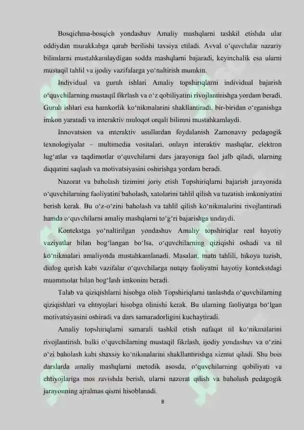 ONA TILI FANIDA AMALIY TOPSHIRIQLARNING AXAMIYATI 8