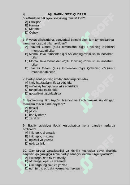 Adabiyot 7-sinf mavzulashtirilgan test savollari 4