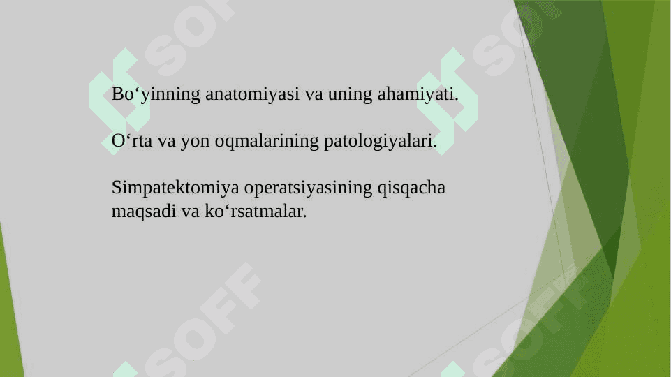 Mavzu: Bo`yinning o`rta, yon oqmalari va kistalar. Simpatektomiya. 2