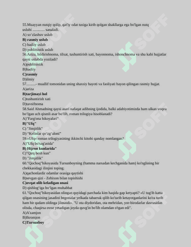 O'zbek tilidan testlar bazasi 7