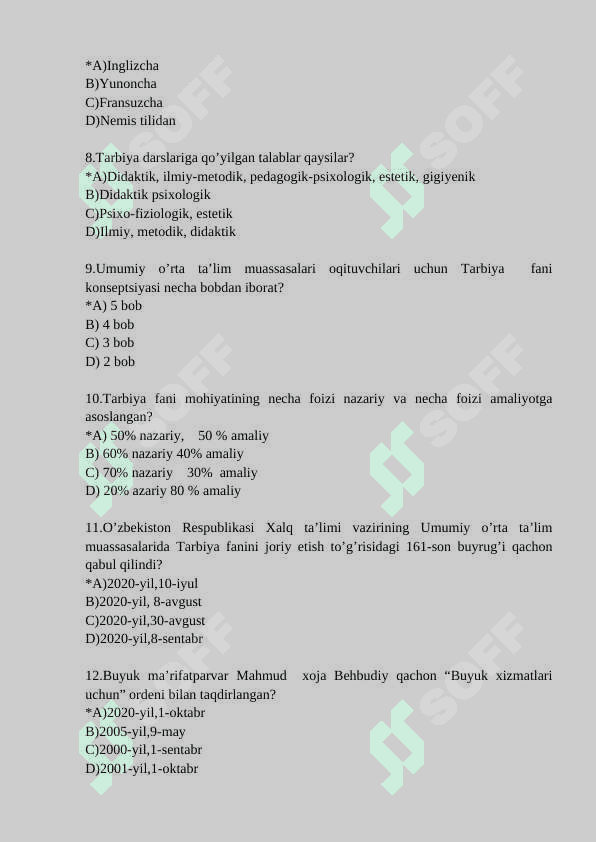 Tarbiya test savollari va javoblari bilan 200 talik 2