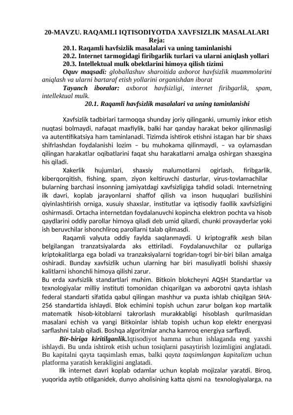 RAQAMLI IQTISODIYOTDA XAVFSIZLIK MASALALARI