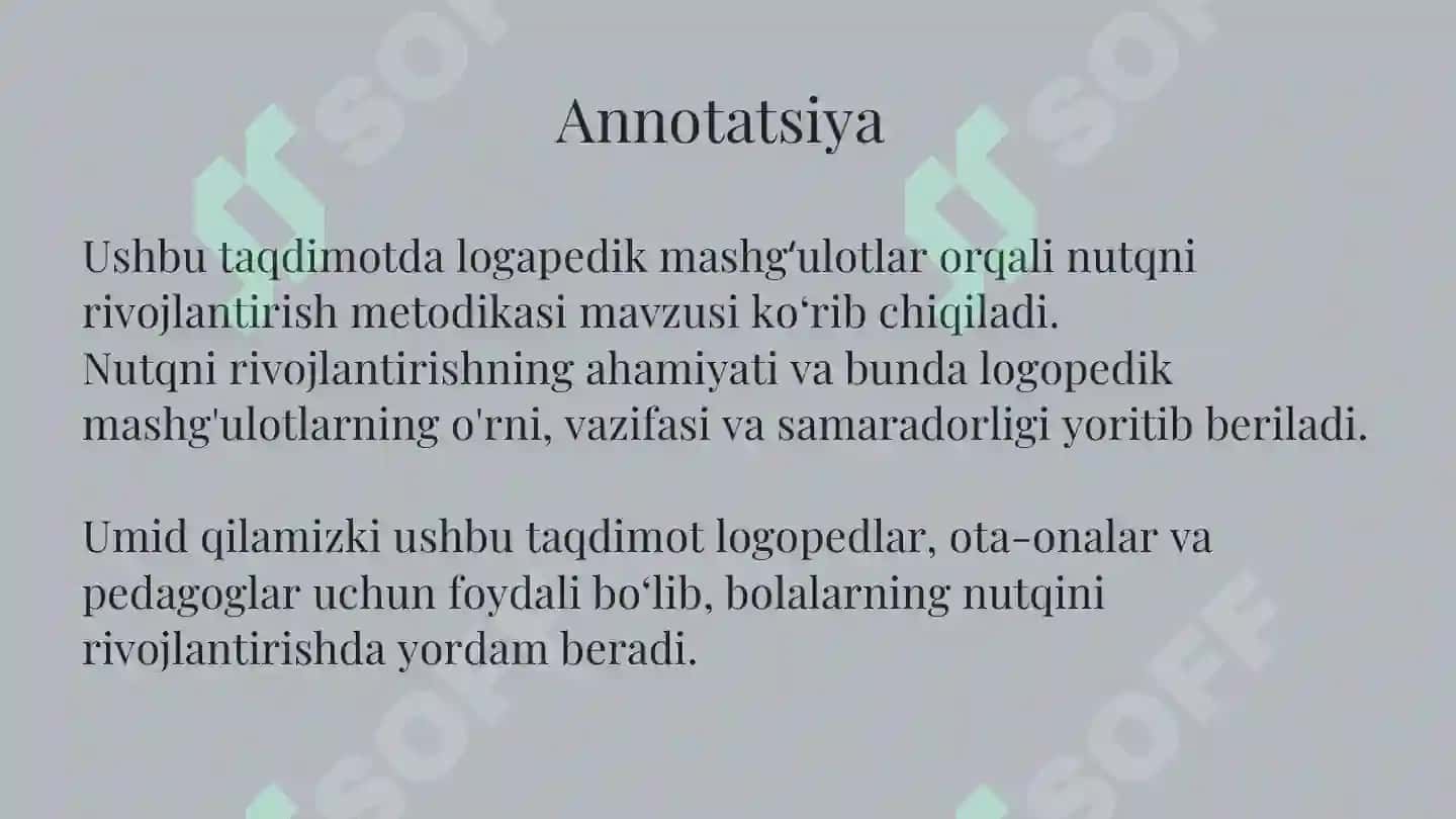 Logopedik mashgʻulotlar orqali nutqni rivojlantirish metodikasi 2