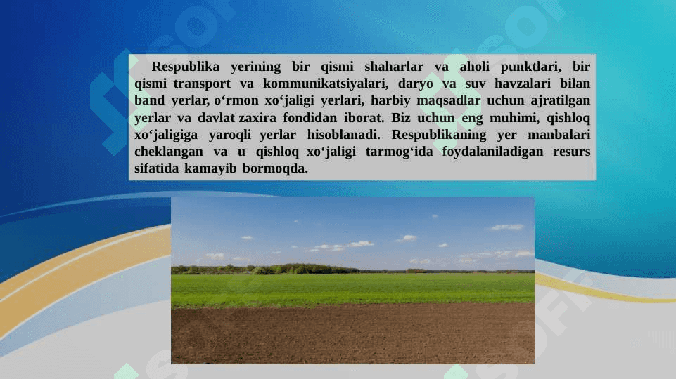 Dehqon va fermer xo'jaliklarining yer va suv resurslaridan foydalanish imkoniyatlari 4