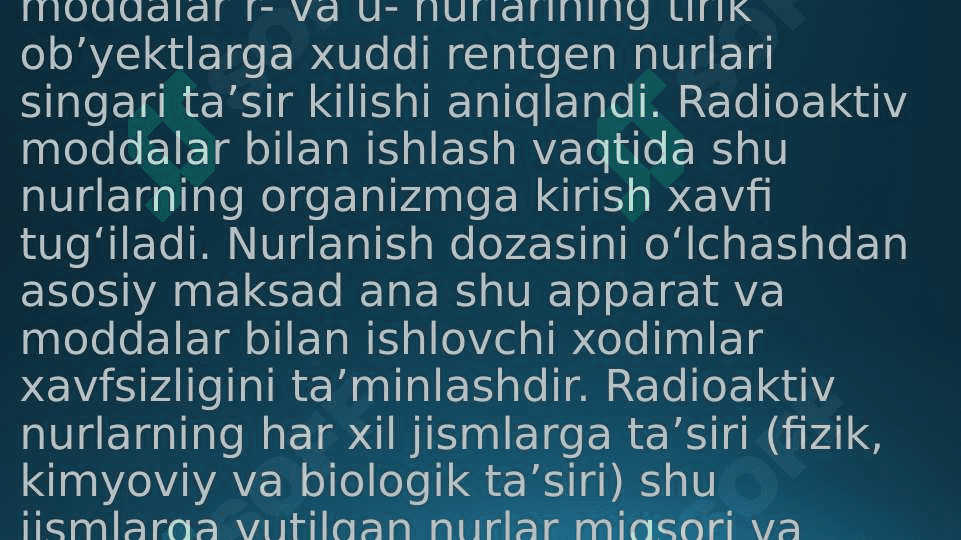 Yutilgan nurlar energiyasini dozimetrik baholash. Turli nurlarni odam tanasida taqsimlanishi 4