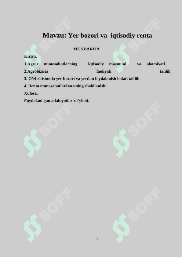 Yer bozori va  iqtisodiy renta 2