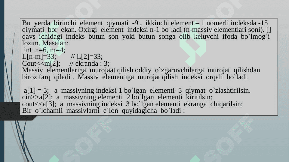 Bir o'lchovli massivlar. Statik massivlar. Elementlarni qidirish usuli. Elementlar ustida amallar. 3