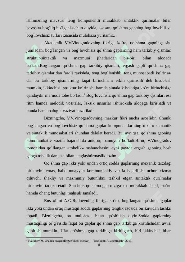 HOZIRGI O`ZBEK TILSHUNOSLIGIDA QO`SHMA GAPLARNING TASNIFI 8
