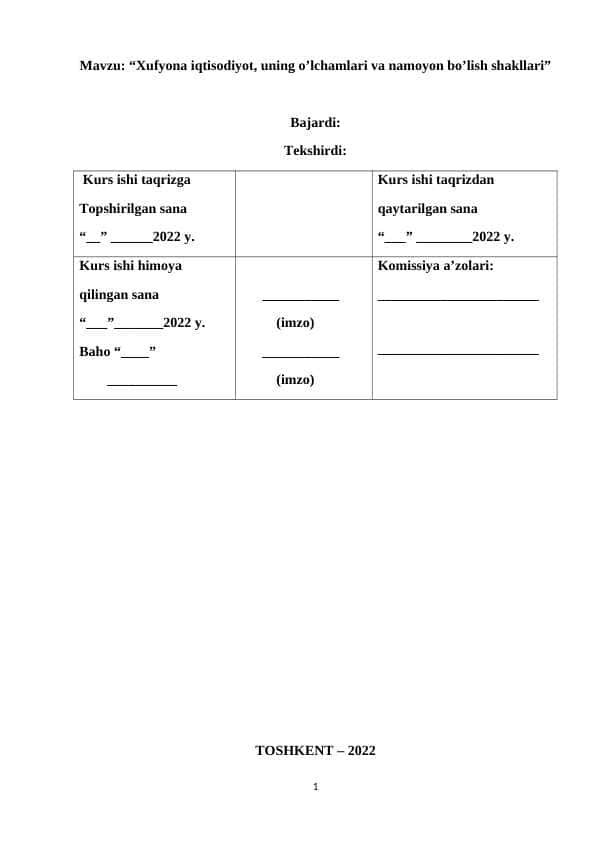 “Xufyona iqtisodiyot, uning o’lchamlari va namoyon bo’lish shakllari”