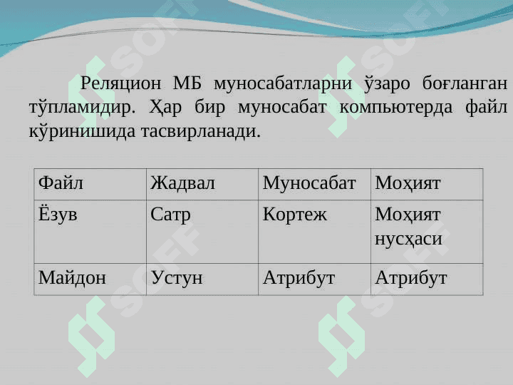 Реляцион маълумот модели. Маълумотлар базасида муносабатлар 8