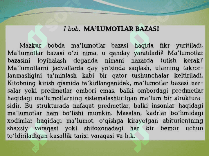 Ma’lumotlar bazasining maqsadi, vazifalari va asosiy tushunchalari 2