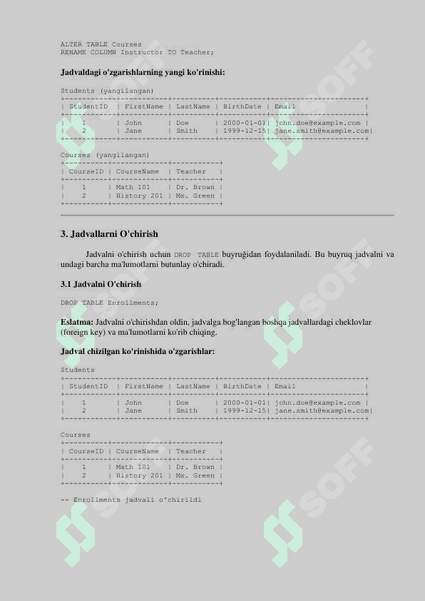 SQL tilida jadvallar yaratish, o'zgartirish va o'chirish amaliy mashg'ulot 3