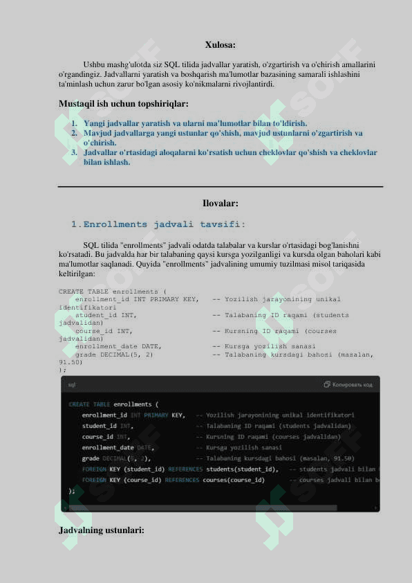 SQL tilida jadvallar yaratish, o'zgartirish va o'chirish amaliy mashg'ulot 4