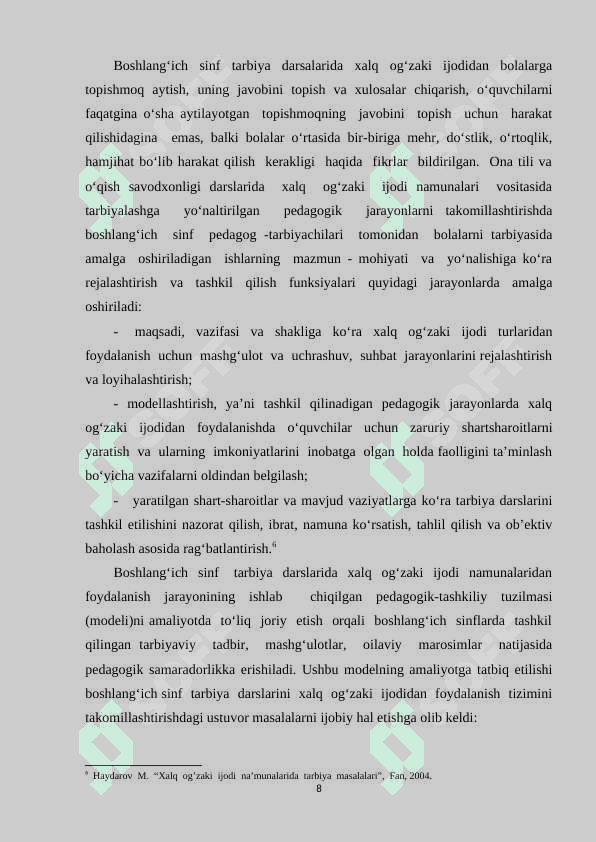 O‘qish darslarida “Xalq og‘zaki ijodi” mavzusini o‘rganish 8