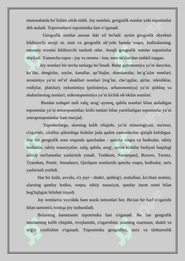 Toponimlarning geografik jihatdan o’rganilishi 3
