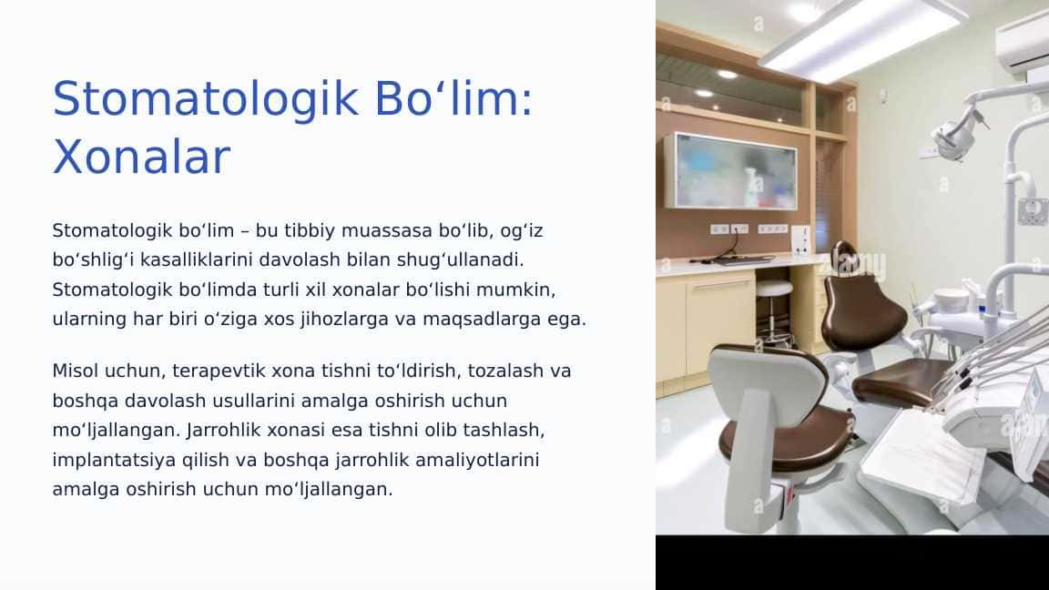 Stomatologik  bo‘lim, xona  (terapevtik, jarroh,  parodontologik,  fizioterapevtik va  boshqalar), uni  jihozlanishi.  Hamshira va kichik  hamshira  majburiyatlari.  Hujjatlar.