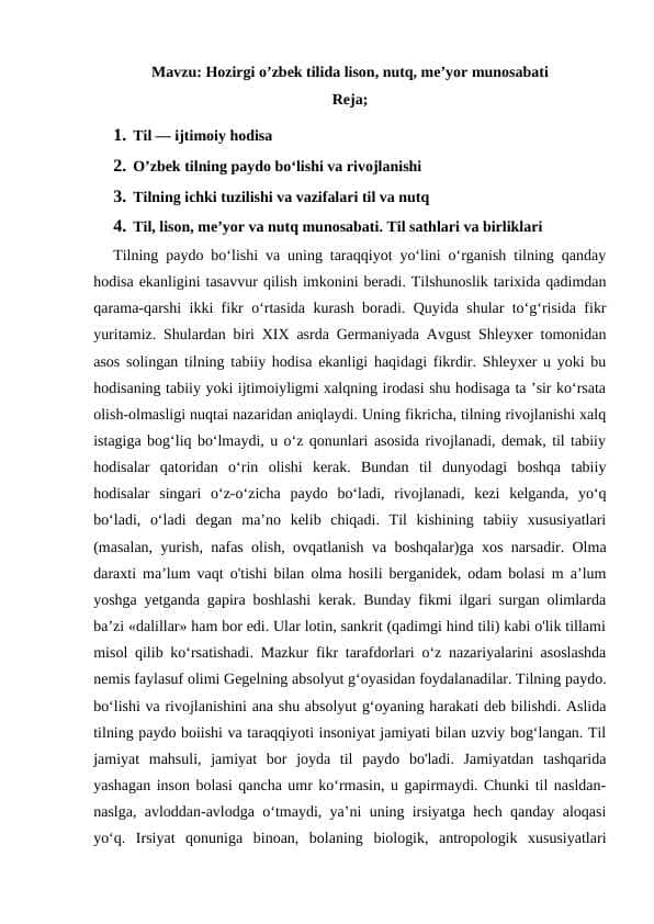 Hozirgi o’zbek tilida lison, nutq, me’yor munosabati