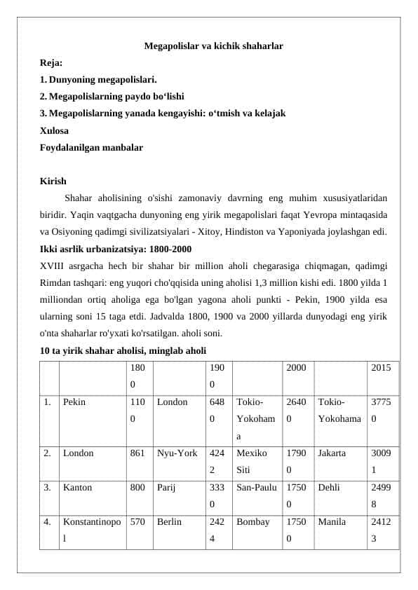 MEGAPOLISLAR VA KICHIK SHAHARLAR