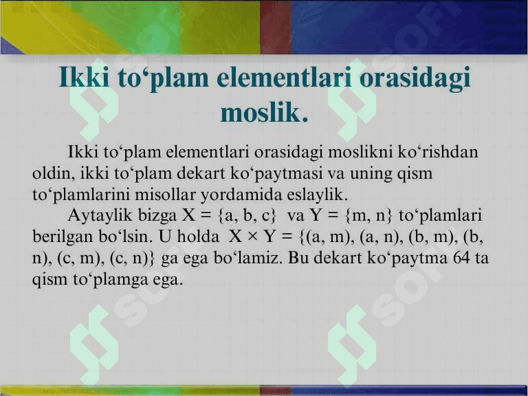 Ikki to‘plam elementlari orasidagi moslik. Moslikning grafi va grafigi. 4