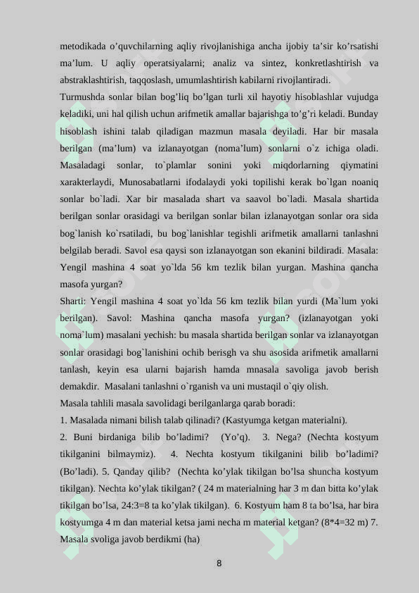2-sinfda matematikadan sodda masalalar va ularni yechishga o'rgatish metodikasi 8