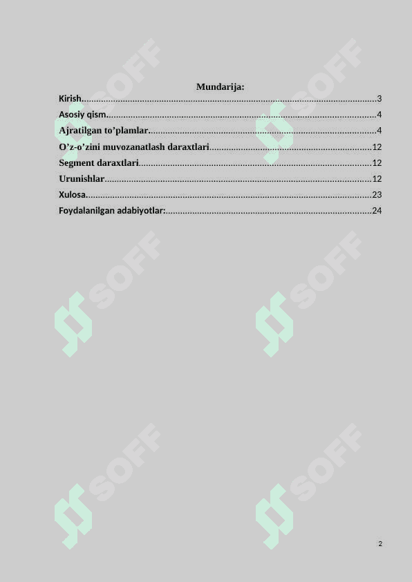 Kengaytirilgan ma'lumotlar tuzilmalari(Advanced Data Structures)- ajratilgan to'plamlar, o'z-o'zini muvozanatlash daraxtlari, segment daraxtlari, urinishlar 2