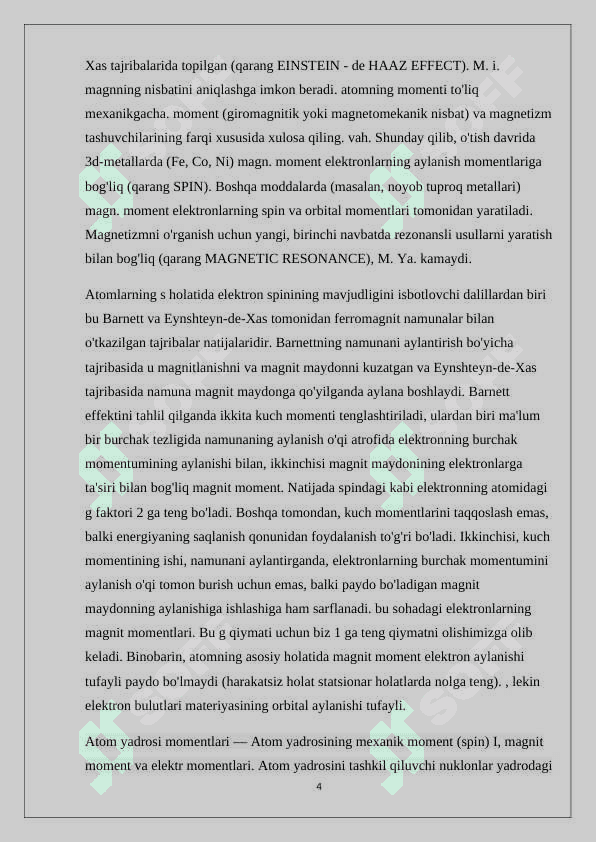 Magnitomexanik hodisalar. Atom va molekulalarning magnit momentlari. Erning magnit maydoni va quyoshda ro‘y beradigan jarayonlarning unga ta’siri 4