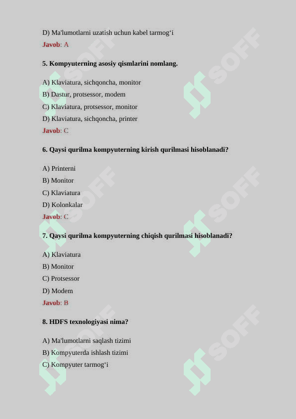 “Axborot texnologiyalari” fanidan boshlangʻich 30 ta test savolining javoblari bilan 2