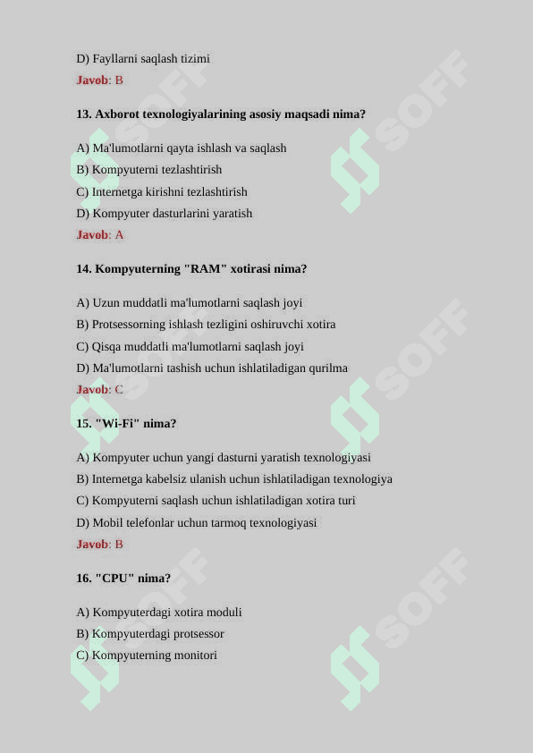 “Axborot texnologiyalari” fanidan boshlangʻich 30 ta test savolining javoblari bilan 4