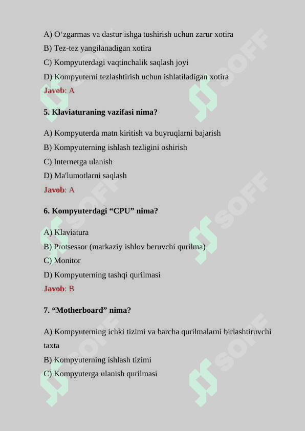 “Kompyuter qurilmalari” boʻyicha boshlang‘ich 30 ta test savoli va javoblari bilan 2