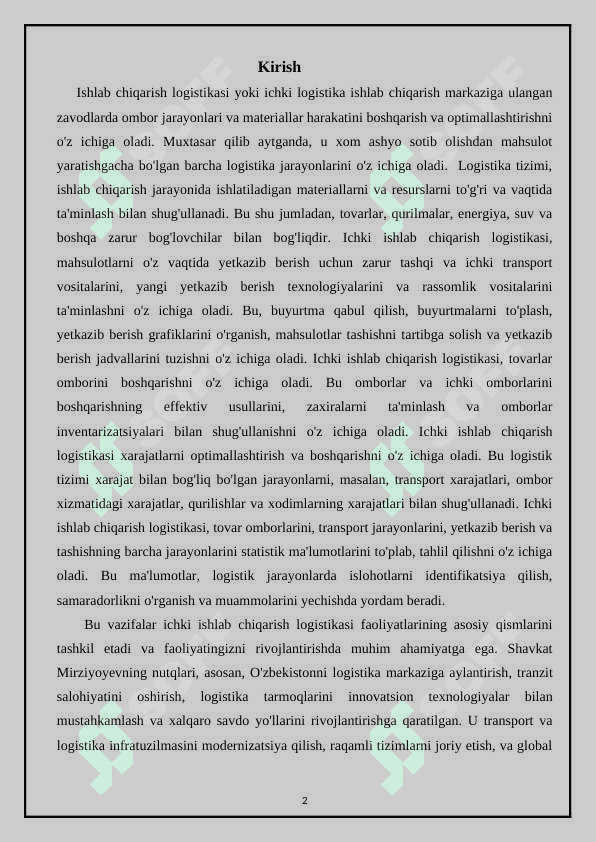 Ichki ishlab chiqarish logistikalarining 2