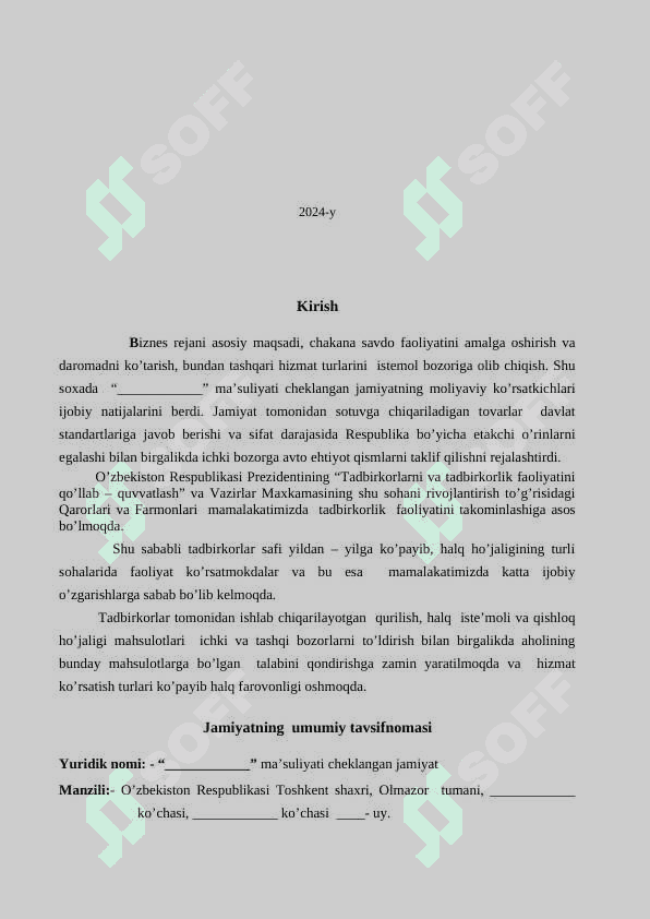 Avtomobillar ehtiyot qismlari sovdo sotig’i biznes reja 2