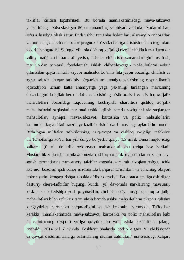 O’zbekistonda qishloq xo’jaligi mahsulotlarini yetishtirishning istiqbolli yo’nalishlari 8