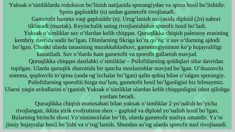 YUKSAK O‘SIMLIKLAR: YO‘SINTOIFALAR (BRYOPHYTA) BO‘LIMI 6