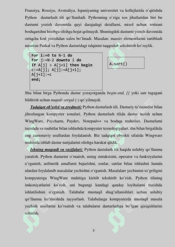 PYTHON DASTURLASH TILI VA UNING IMKONIYATLARI BO`YICHA USLUBIY QO`LLANMA bitiruv malakaviy ishi 5