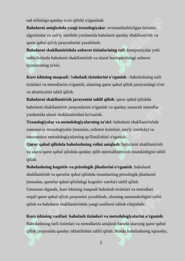 Bahoni shakllantirish bo'yicha qaror qabul qilish 5