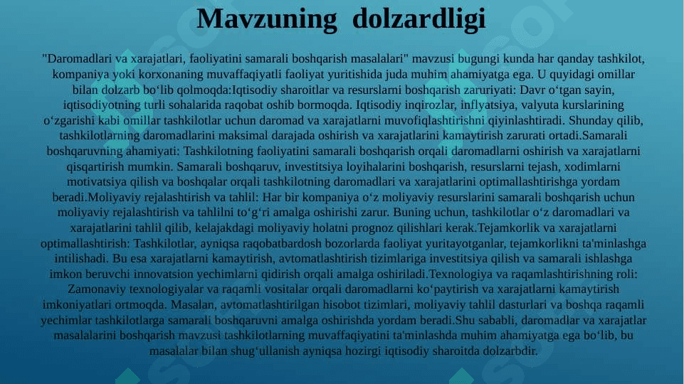 Daromadlari va xarajatlari, faoliyatini samarali boshqarish masalalari 2