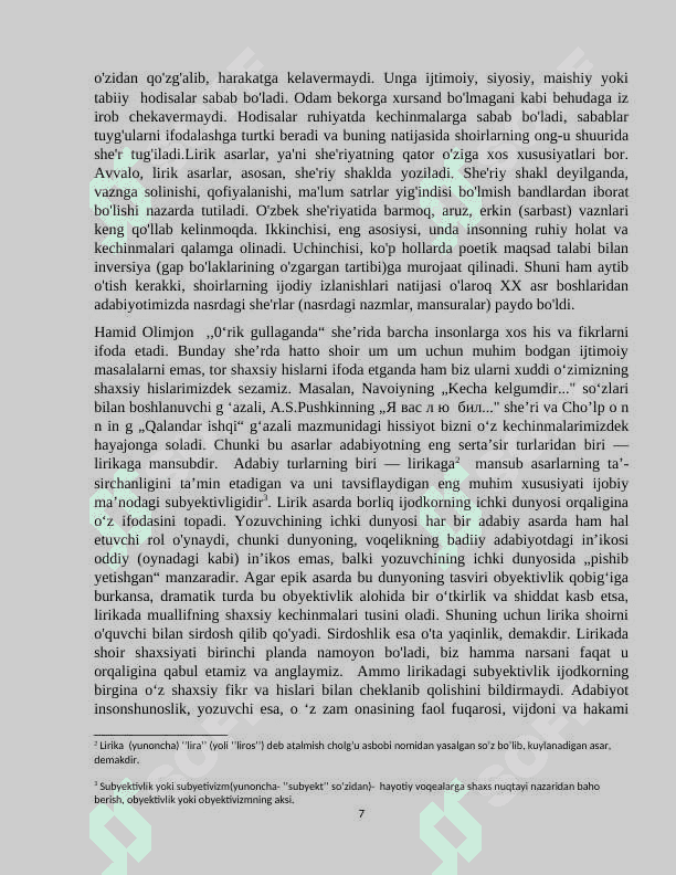 Lirik asarlarni janr xususiyatiga kòra  òrganish 7
