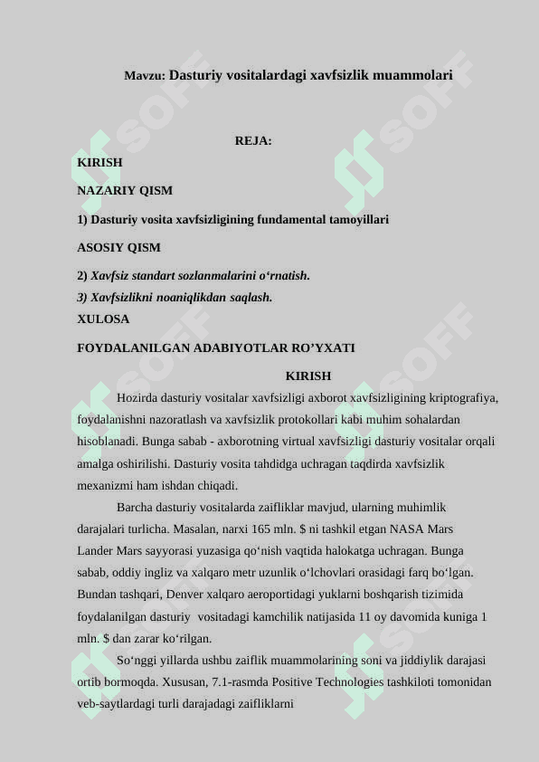 Dasturiy vositalardagi xavfsizlik muammolari. 2