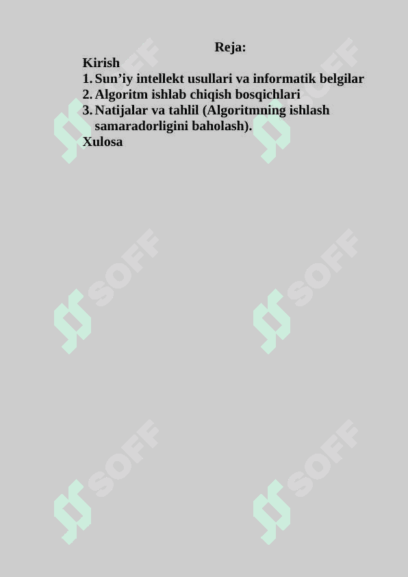 Sun’iy intellektda usullari yordamida ma’lumotlarning informatik belgilarini ajratib olish algoritmini ishlab chiqish. 2
