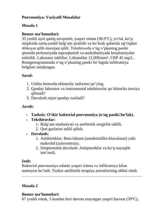 Pnevmoniya. Vaziyatli masalalar