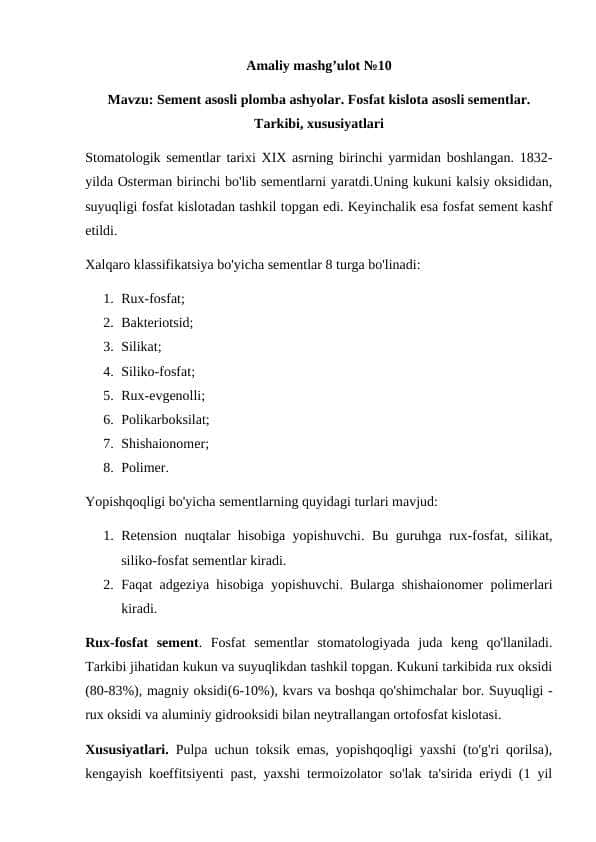 Sement asosli plomba ashyolar. Fosfat kislota asosli sementlar. Tarkibi, xususiyatlari