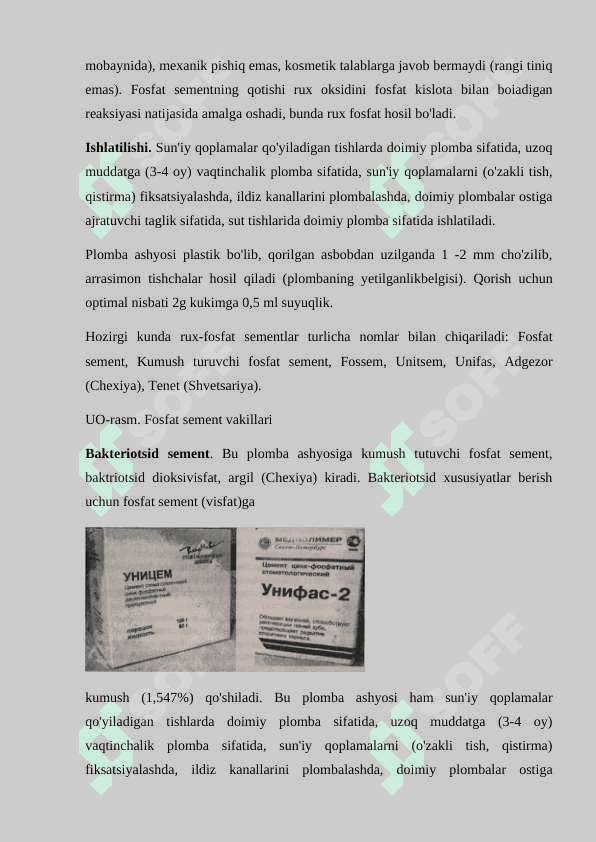 Sement asosli plomba ashyolar. Fosfat kislota asosli sementlar. Tarkibi, xususiyatlari 2