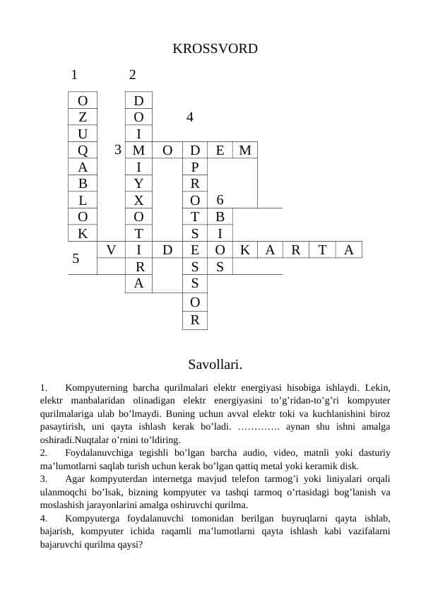 kompyuter taminoti fanidan krossvord