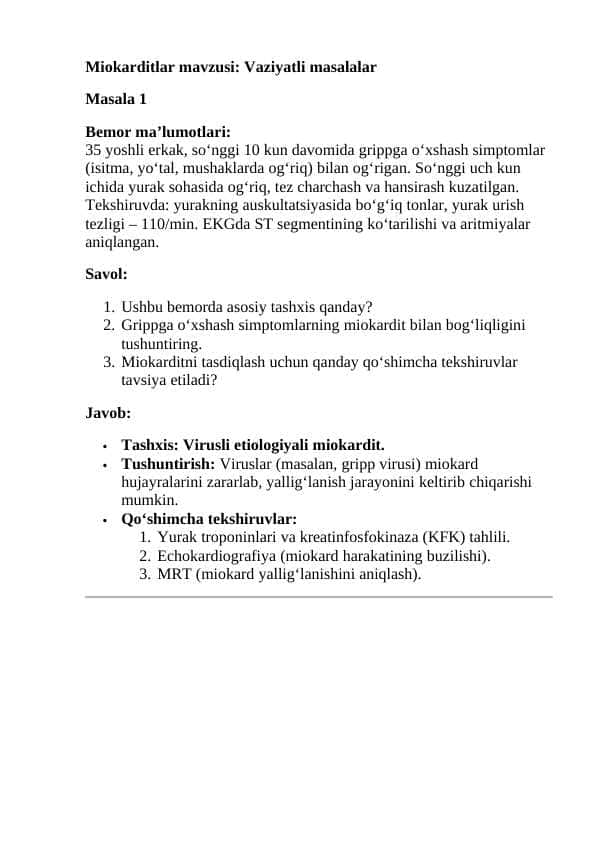 Miokarditlar. Vaziyatli masalalar
