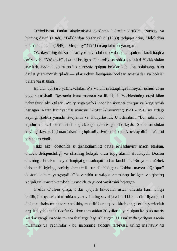 G’afur G’ulomning hikoyanavislik mahorati  -  KURS ISHI 8