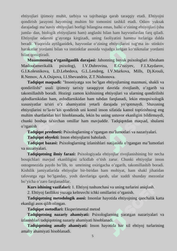 Insonning ehtiyojlari -  КУРС ИШИ 5
