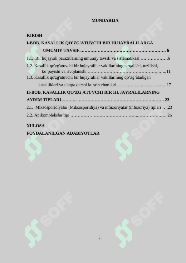 KASALLIK QO'ZG'ATUVCHI BIR HUJAYRALILAR  - KURS ISHI 2