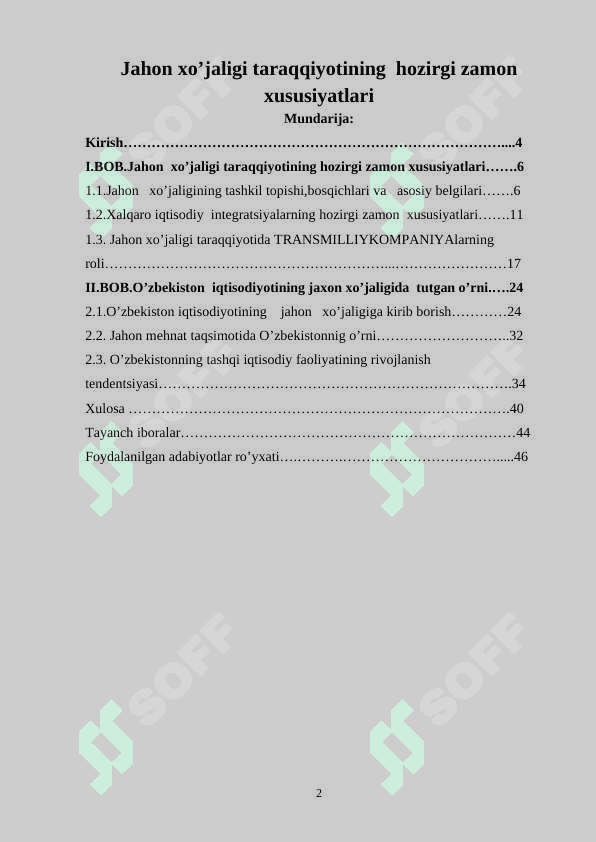 Jahon xo’jaligi taraqqiyotining  hozirgi zamon  xususiyatlari 2